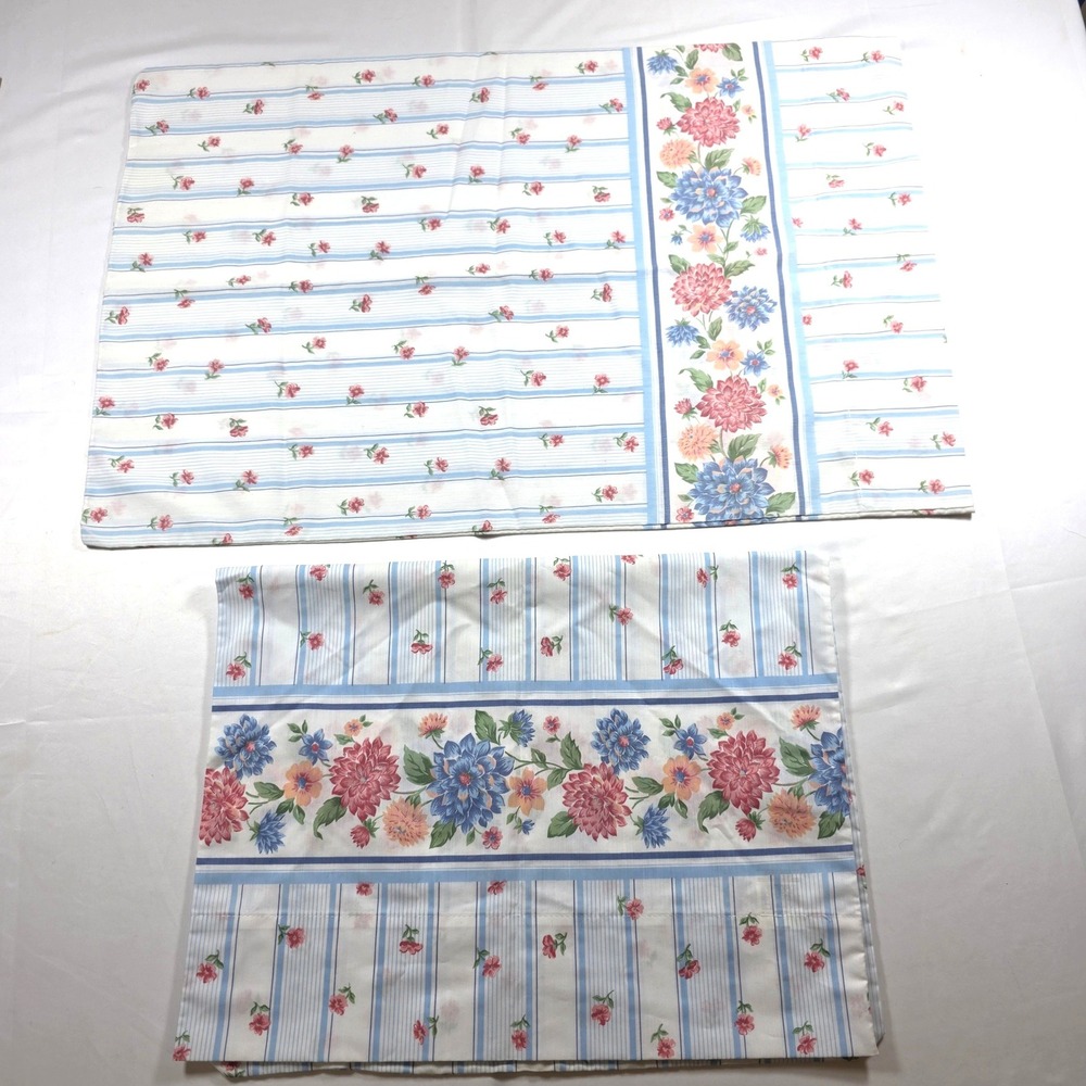 Vintage Springs Industries Floral Stripe Standard Pillowcase Set Blue Pink 2pc